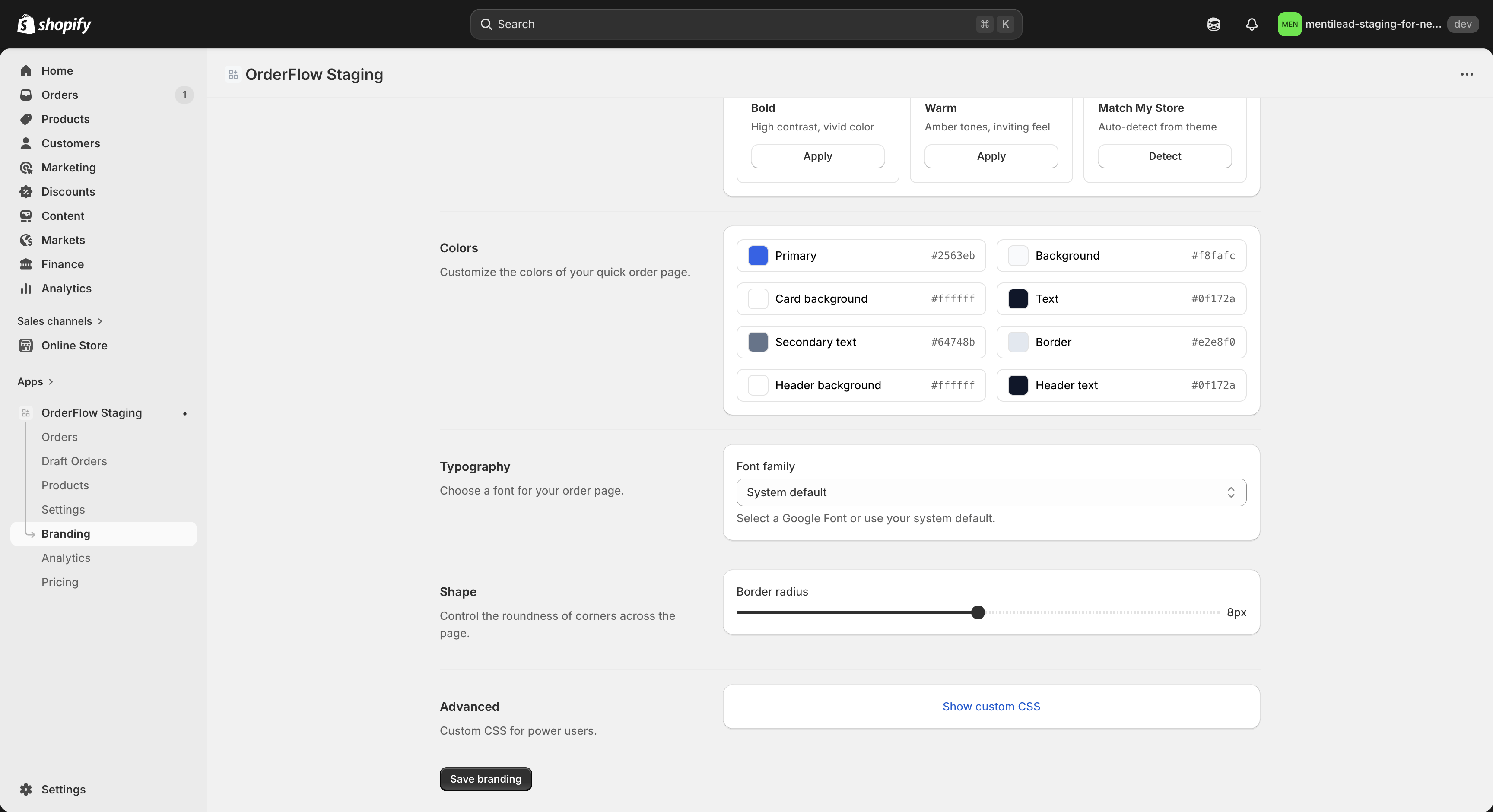 Branding presets showing Dark, Minimal, Bold, and Warm theme options