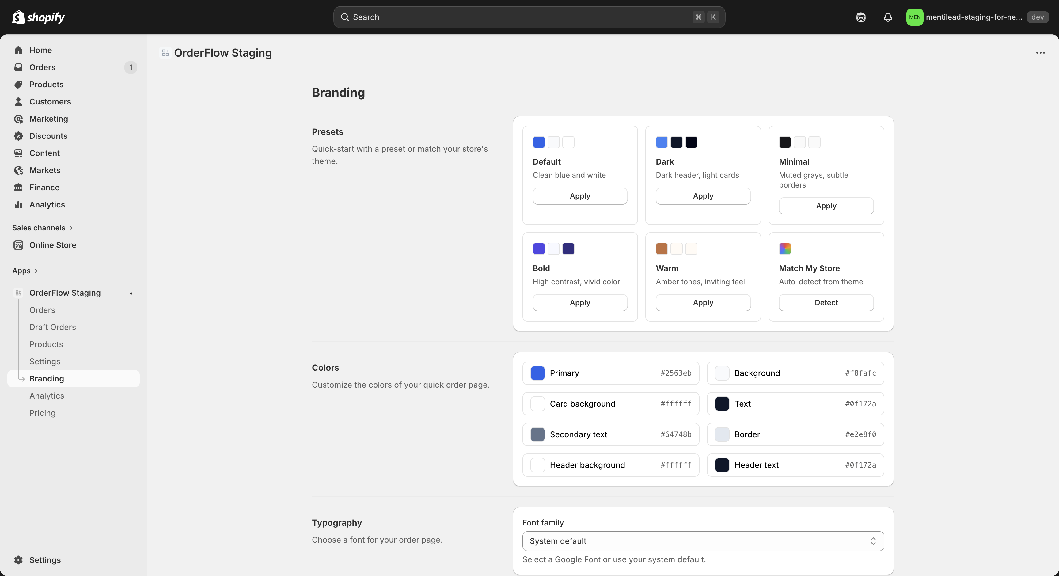 OrderFlow branding page showing preset selector and color tokens