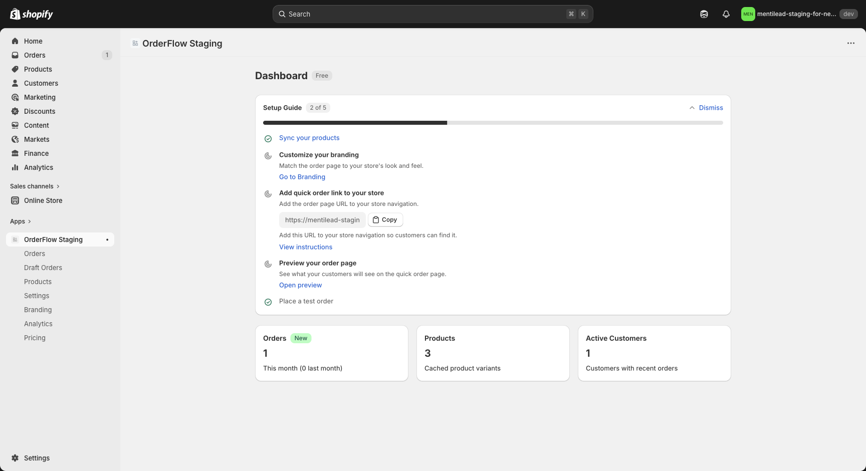 Dashboard setup guide showing 5-step checklist with progress indicators