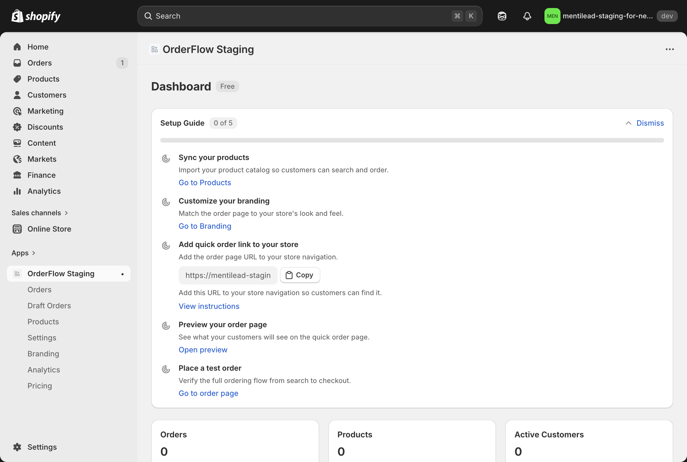 OrderFlow admin dashboard showing hero metrics and setup guide