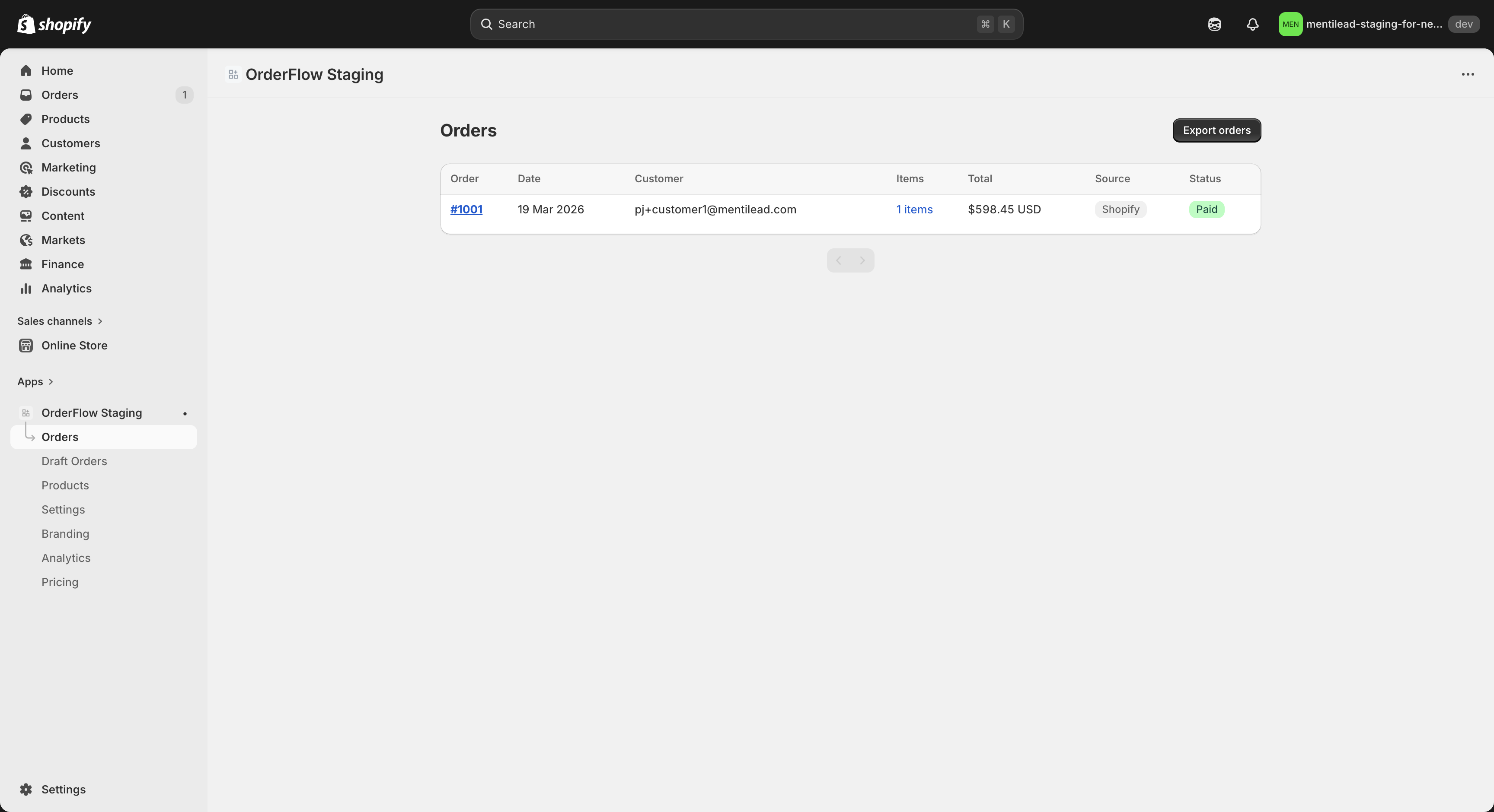 Orders page showing order table with customer details and status badges