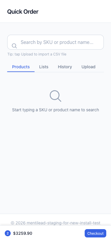 Mobile view of the quick order page showing stacked product cards and bottom cart bar
