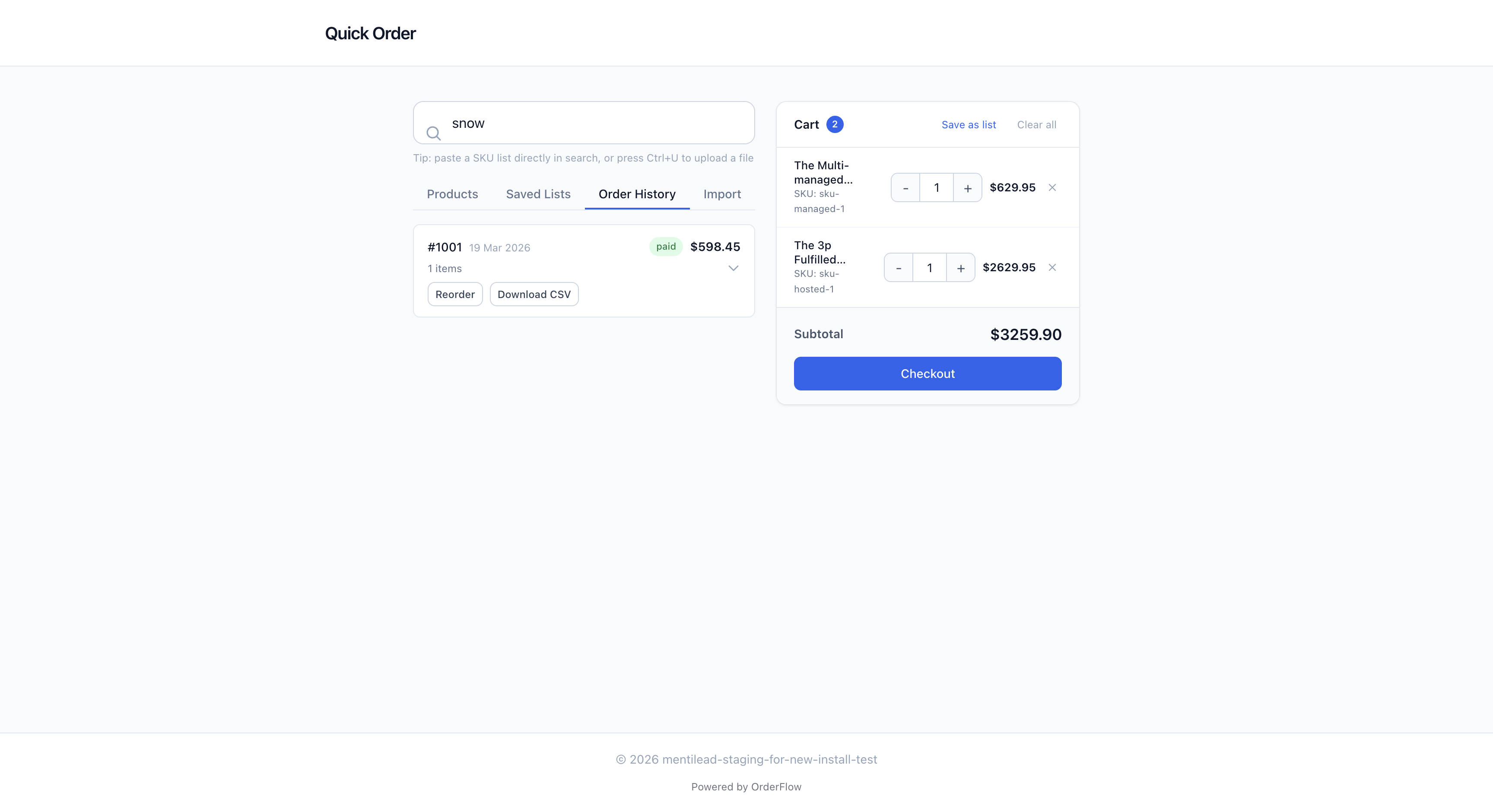 Order history tab showing past orders with status badges and reorder buttons
