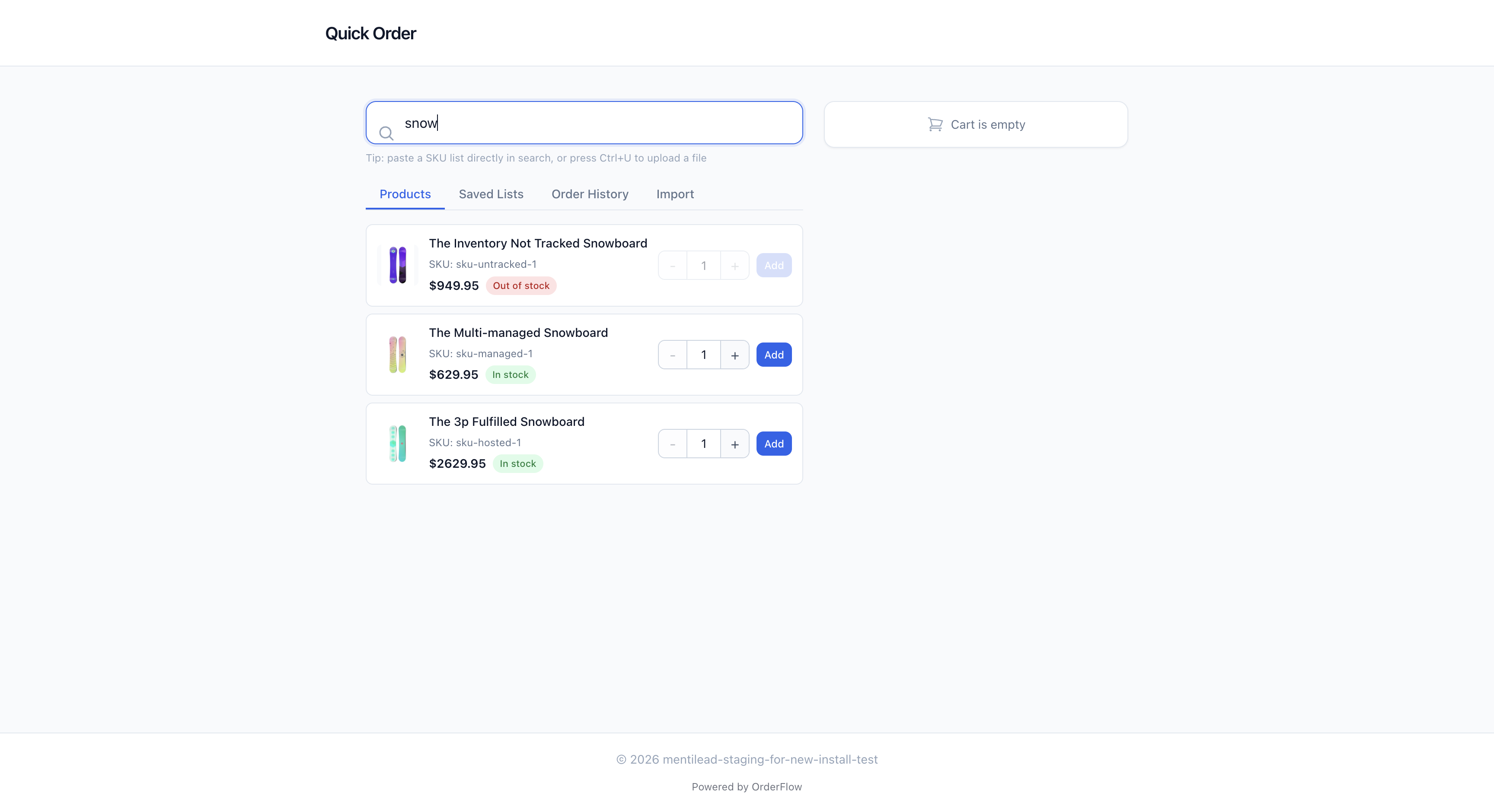 OrderFlow quick order page showing product search results with SKU lookup, stock badges, and add-to-cart buttons