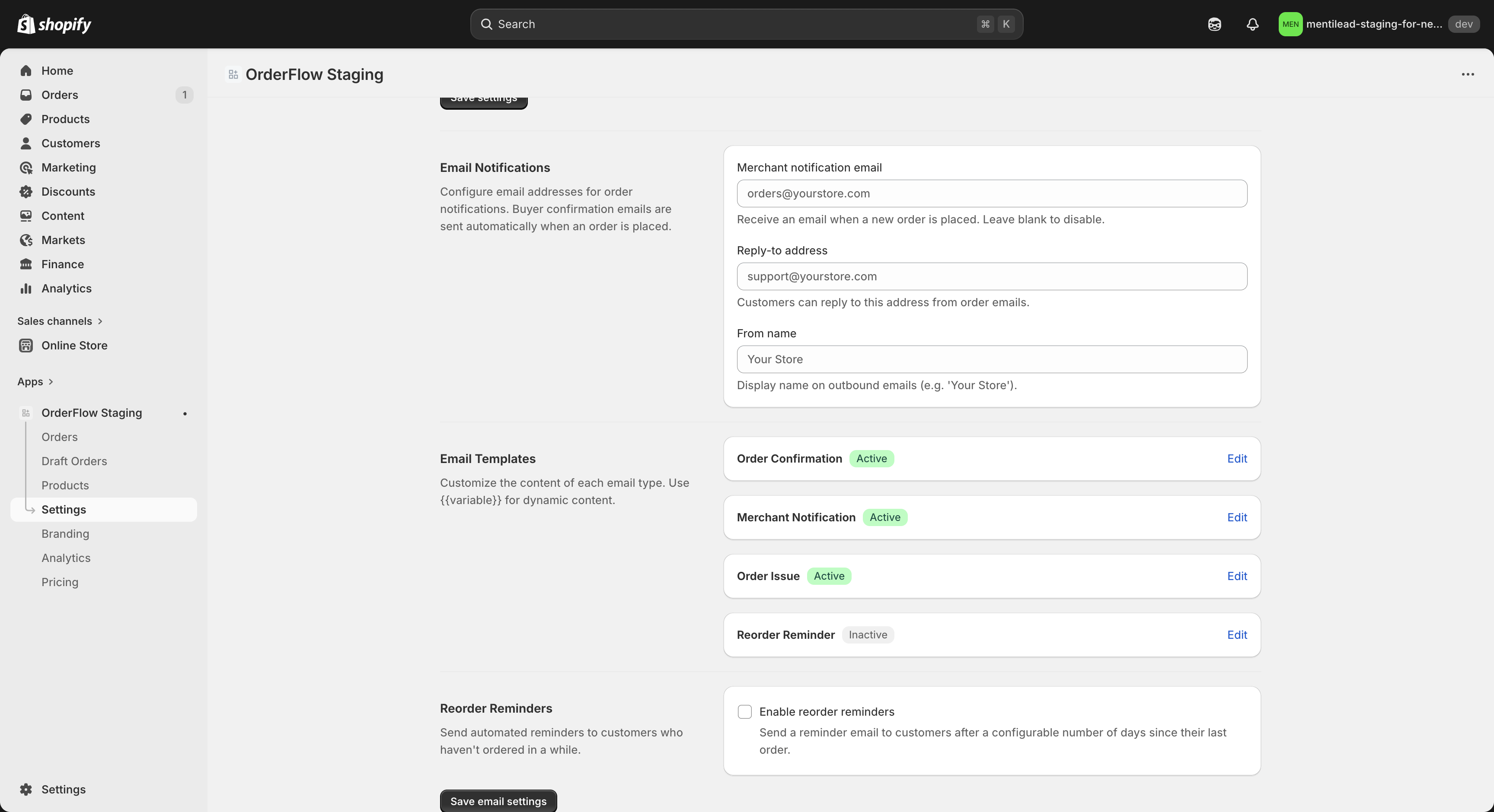Email settings section showing merchant notification email, reply-to address, and from name fields
