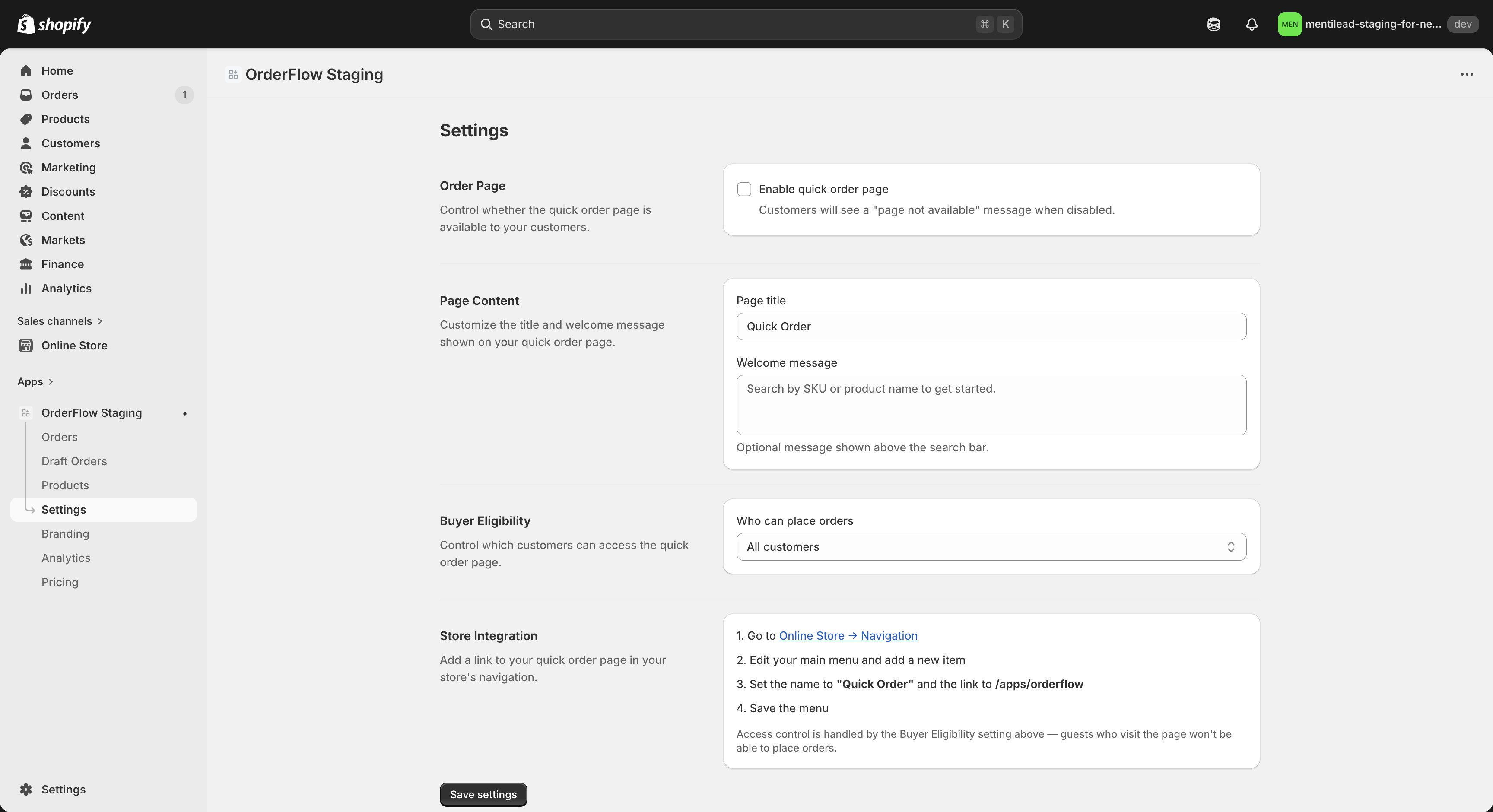 OrderFlow settings page showing order page configuration and buyer eligibility sections